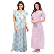 Women's Cotton Printed Regular Nighty/Maxi /Night Dress Pack Of 2 (Free Size) Light blue & Light pink