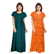 Women's Cotton Printed Regular Nighty/Maxi /Night Dress Pack Of 2 (Free Size) Green & Orange