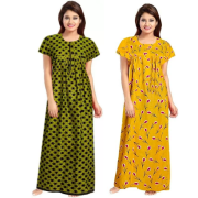 Women's Cotton Printed Regular Nighty/Maxi /Night Dress Pack Of 2 (Free Size) Yellow & Green