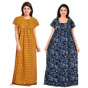 Women's Cotton Printed Regular Nighty/Maxi /Night Dress Pack Of 2 (Free Size) Yellow & Blue