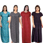 Women's Cotton Printed Regular Nighty/Maxi /Night Dress Pack Of 4 (Free Size) Black, Grey ,red ,Blue