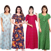 Women's Cotton Printed Regular Nighty/Maxi /Night Dress Pack Of 4 (Free Size) Blue, Green ,Black ,Red