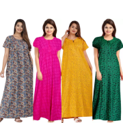 Women's Cotton Printed Regular Nighty/Maxi /Night Dress Pack Of 4 (Free Size) Grey, Yellow, pink ,green