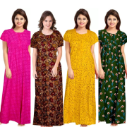 Women's Cotton Printed Regular Nighty/Maxi /Night Dress Pack Of 4 (Free Size) Pink, yellow, Grey, Brown