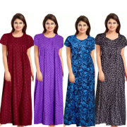 Women's Cotton Printed Regular Nighty/Maxi /Night Dress Pack Of 4 (Free Size) Red , Black ,violet, Pink