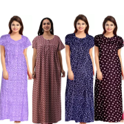 Women's Cotton Printed Regular Nighty/Maxi /Night Dress Pack Of 4 (Free Size) Black, Grey ,Red ,Blue