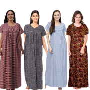 Women's Cotton Printed Regular Nighty/Maxi /Night Dress Pack Of 4 (Free Size) Red , Grey ,Blue , Brown