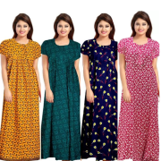 Women's Cotton Printed Regular Nighty/Maxi /Night Dress Pack Of 4 (Free Size) Yellow , Grey , Blue , Red