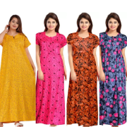 Women's Cotton Printed Regular Nighty/Maxi /Night Dress Pack Of 4 (Free Size) Yellow, Pink , Brown , Grey