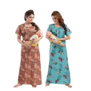 Women’s Maternity/Nursing Nighty /Maxi /Night Dress Pack of 2 (Free Size) Brown & Blue