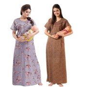 Women’s Maternity/Nursing Nighty /Maxi /Night Dress Pack of 2 (Free Size) Grey & Brown 