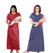 Women’s Maternity/Nursing Nighty /Maxi /Night Dress Pack of 2 (Free Size) Red & Brown