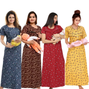 Women’s Maternity/Nursing Nighty /Maxi /Night Dress Pack Of 4 (Free Size) Brown,Blue,Red,Yellow