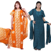 Women's Cotton Printed Regular Nighty with dupatta/Maxi /Night Dress Pack Of 2 (Free Size) Yellow & Blue