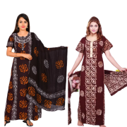 Women's Cotton Printed Regular Nighty With Dupatta/Maxi /Night Dress Pack Of 2 (Free Size) Black & Brown